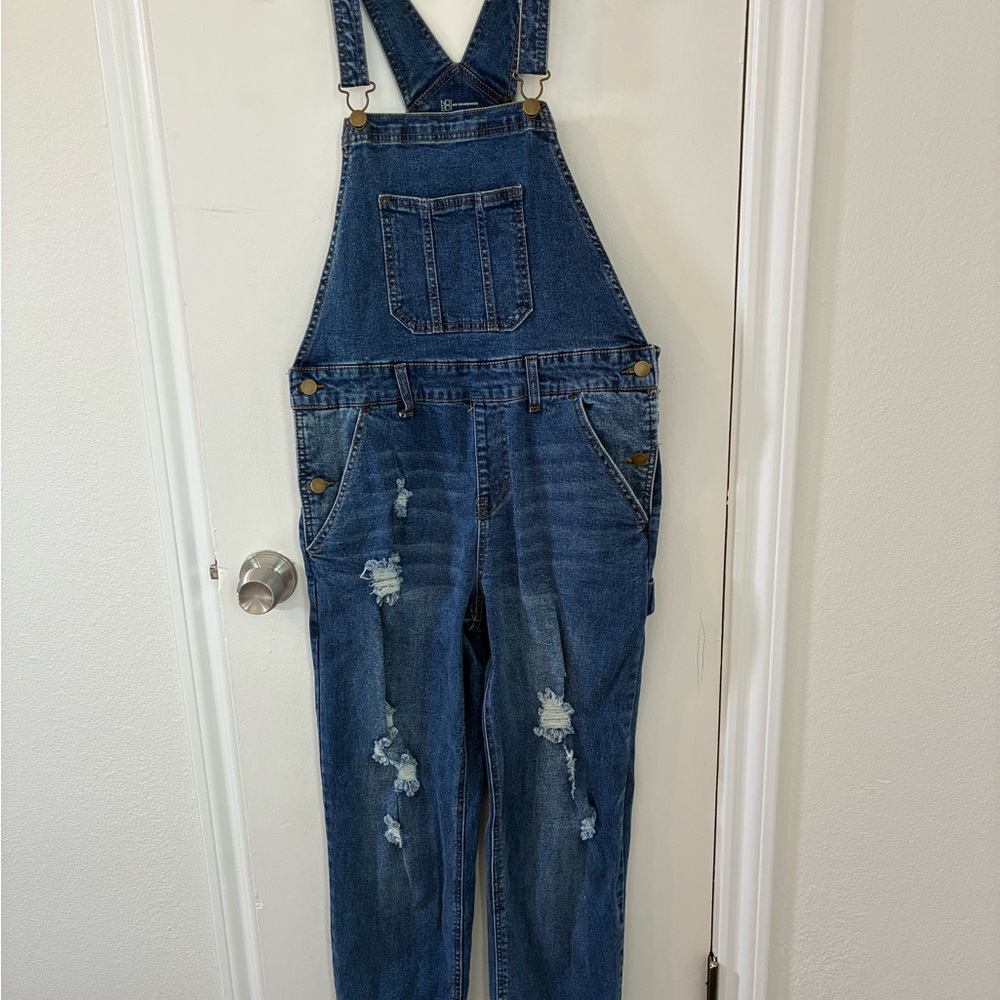 No Boundaries Dark Blue Denim Overalls with Orange Stitching
